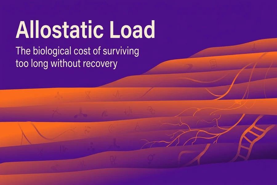Allostatic Load Explained, Recalibrate blog cover illustration of cumulative biological wear.