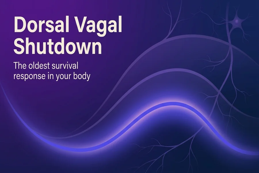 Dorsal Vagal Shutdown explained, Recalibrate blog cover illustration of the polyvagal hierarchy and the collapse response.