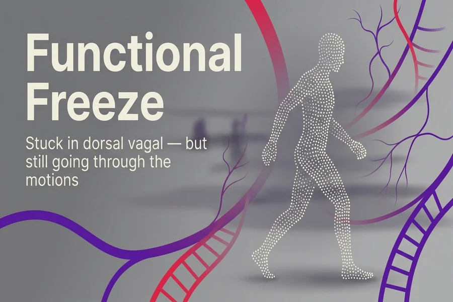 Functional Freeze Explained, Recalibrate blog cover illustration of a nervous system in dorsal vagal shutdown.