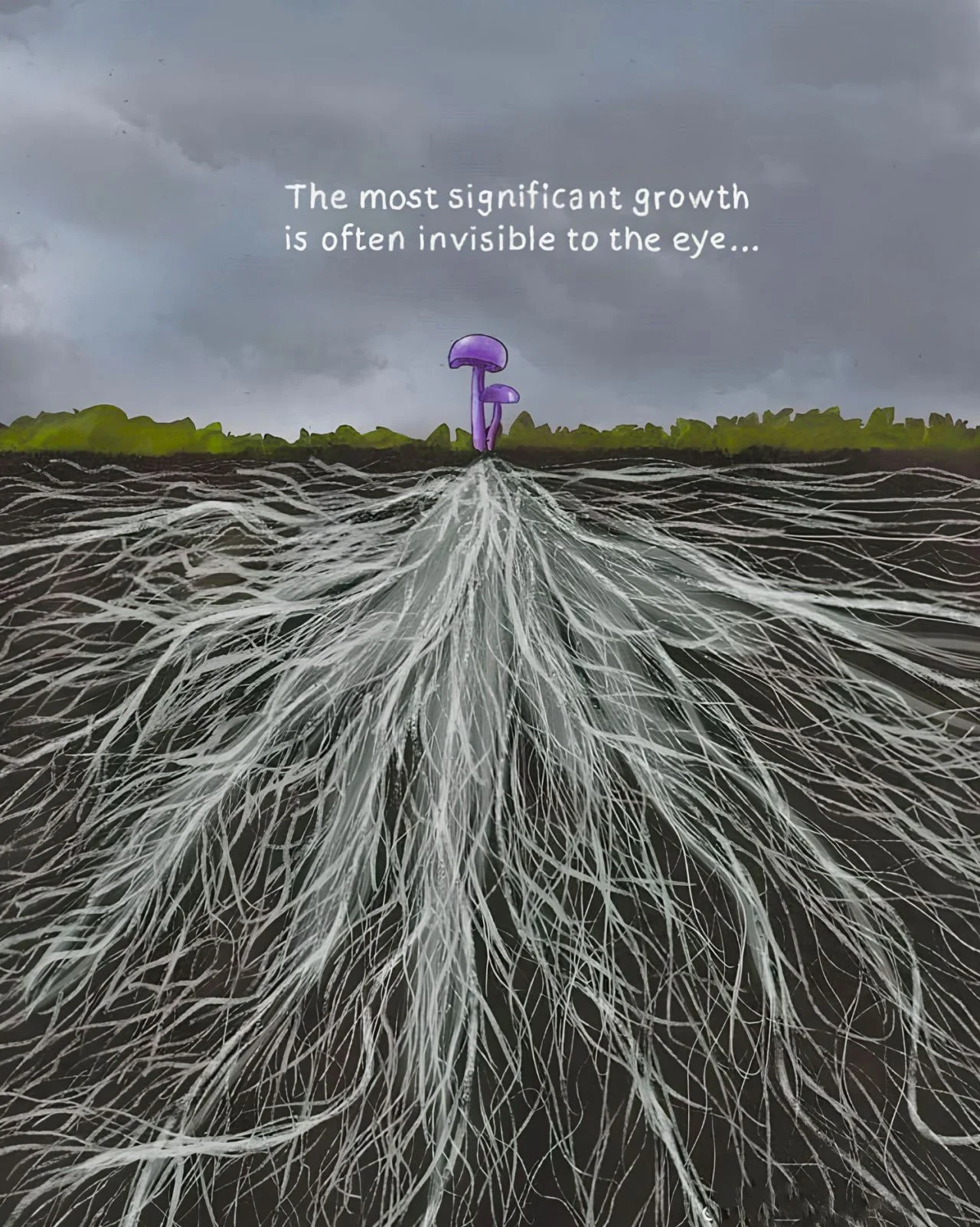 Illustrated image of mushrooms pushing through soil with deep root networks underground - a metaphor for dendritic spines and invisible neurological growth. The most significant growth is often invisible to the eye. Recalibrate neuroscience blog.