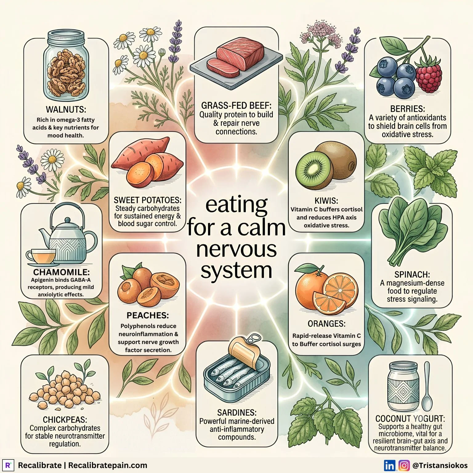 Eating for a calm nervous system - illustrated infographic showing 12 foods including walnuts, sardines, berries, chamomile and their neuroscience mechanisms. By Tristan Siokos, Recalibrate.