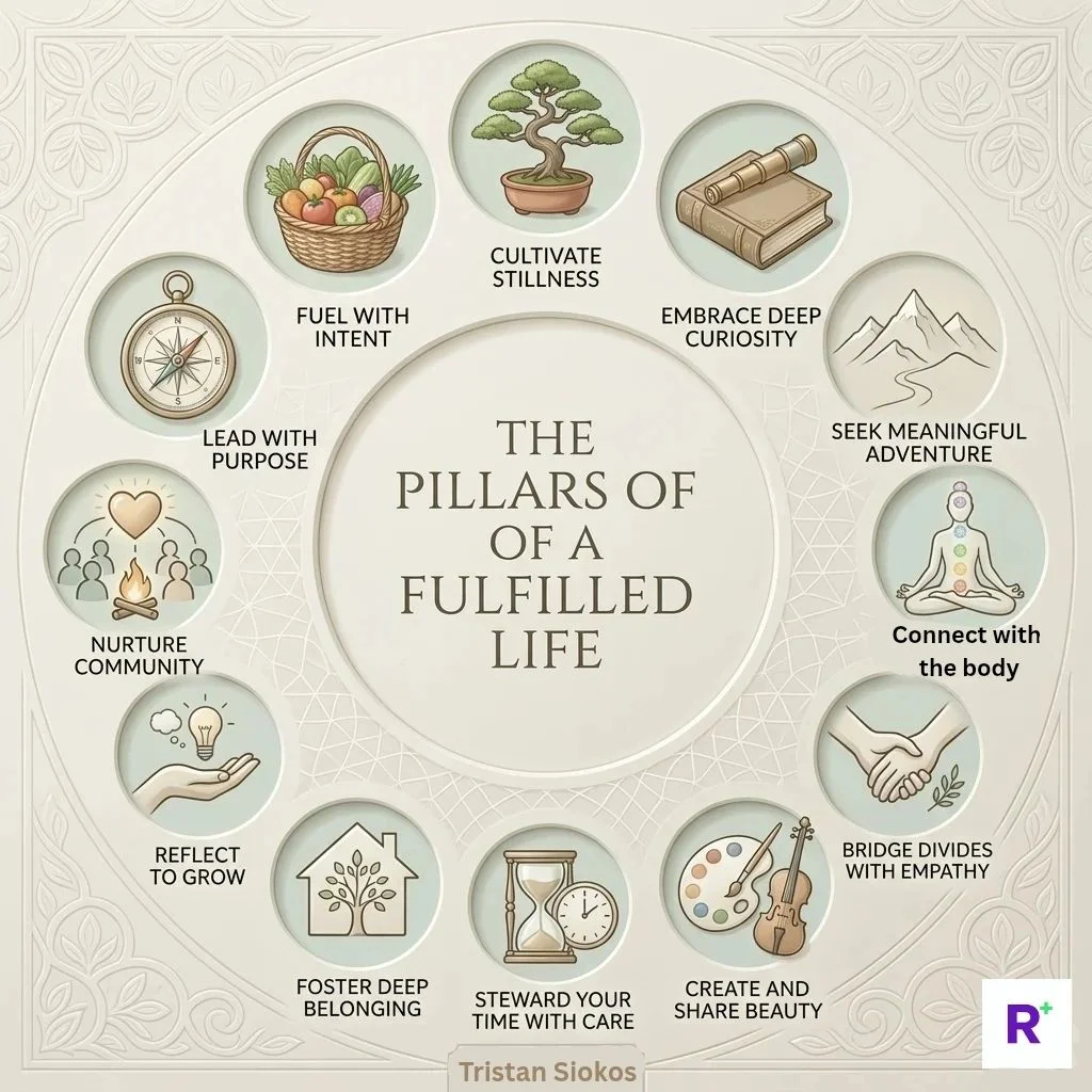 The Pillars of a Fulfilled Life - circular diagram showing 12 neuroscience-backed pillars including stillness, curiosity, adventure, belonging, and purpose. By Tristan Siokos, Recalibrate.