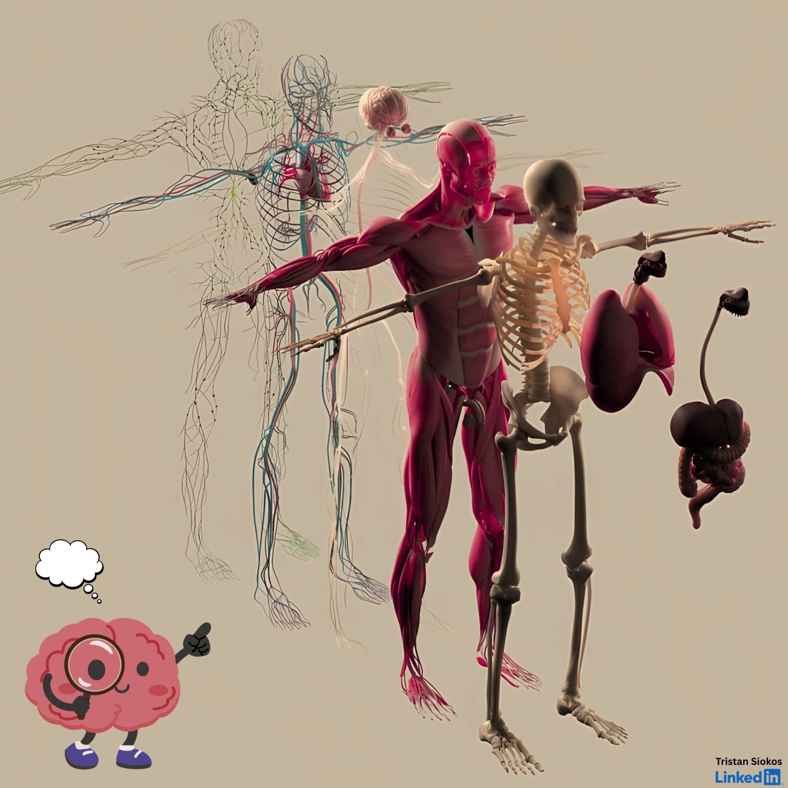 Human body systems exploded view: nervous system, musculoskeletal system, cardiovascular system, and organ systems shown simultaneously. Recalibrate systems biology blog.